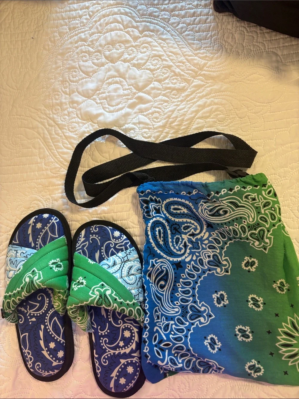 Women  Green and Blue Paisley Slide Sandals with Matching Crossbody Bag